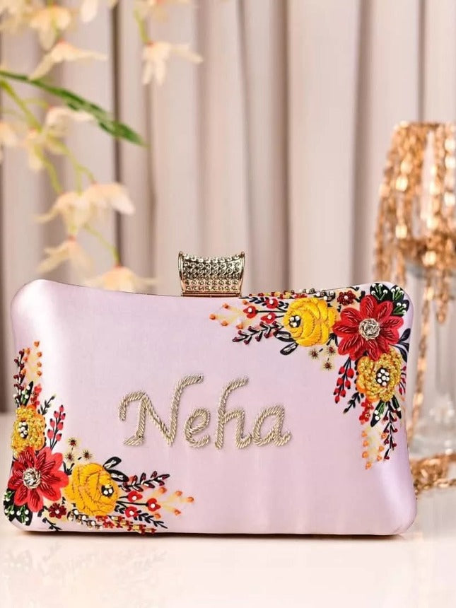 Customized Floral Embroidered Clutch with Cylindrical Knob
