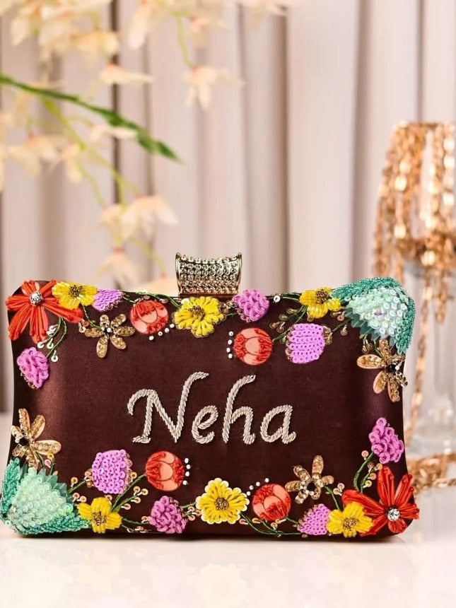 Customized Floral Embroidered Clutch with Cylindrical Knob