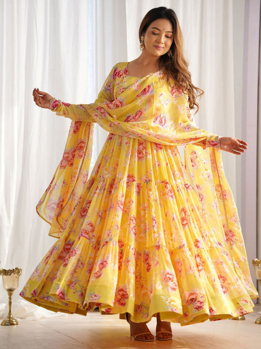 Yellow floral printed georgette event wear anarkali suit for women