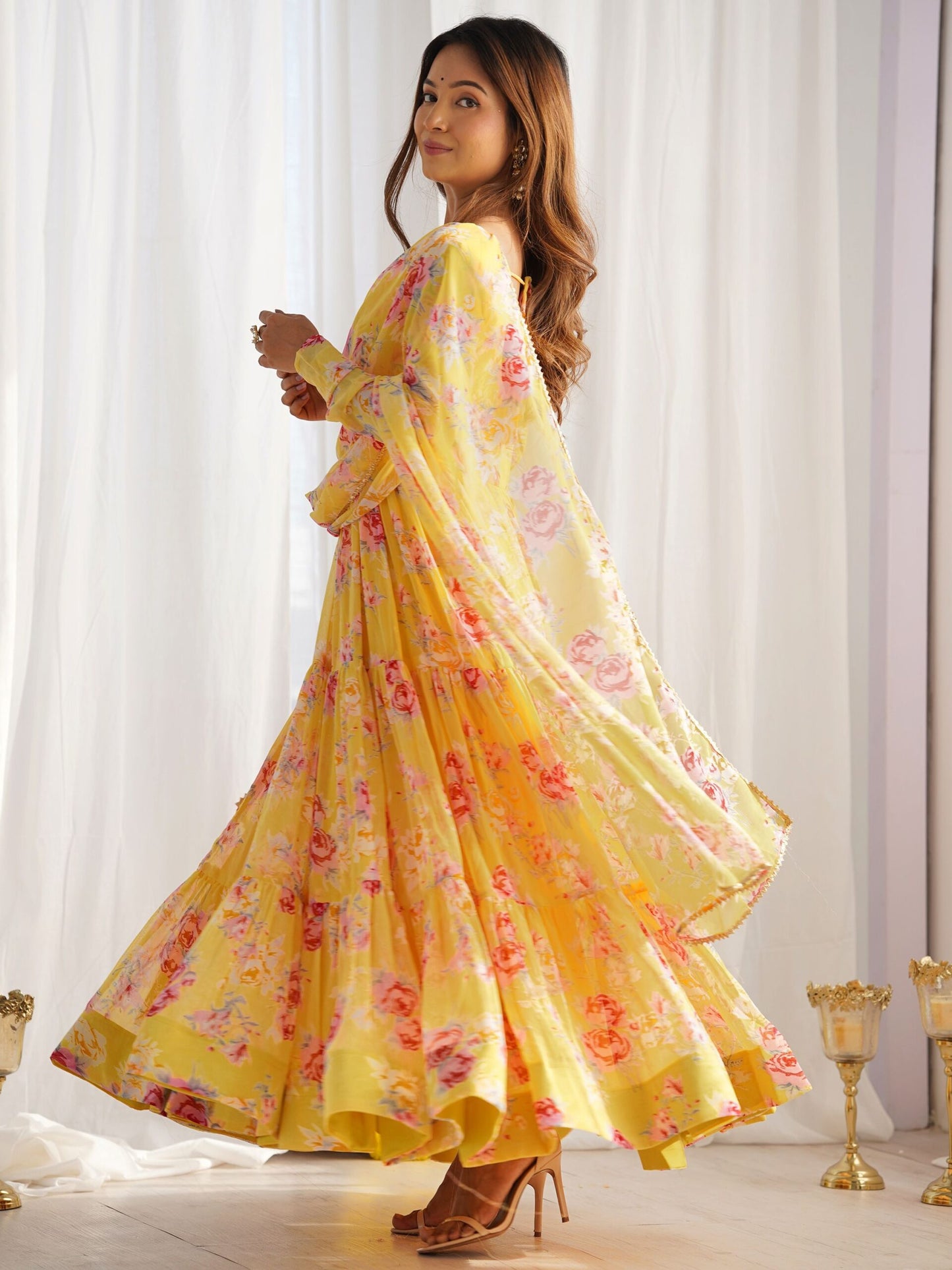 Stunning Yellow Floral Printed Georgette Event Wear Anarkali Suit