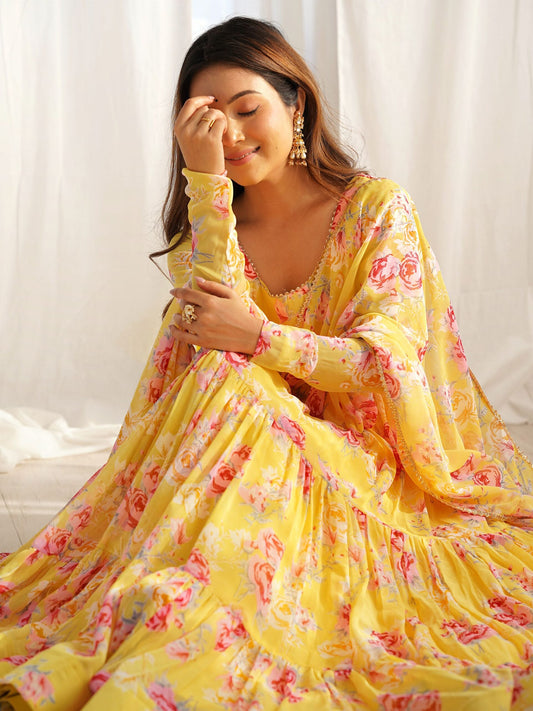 Yellow floral printed georgette event wear anarkali suit for women, view 3