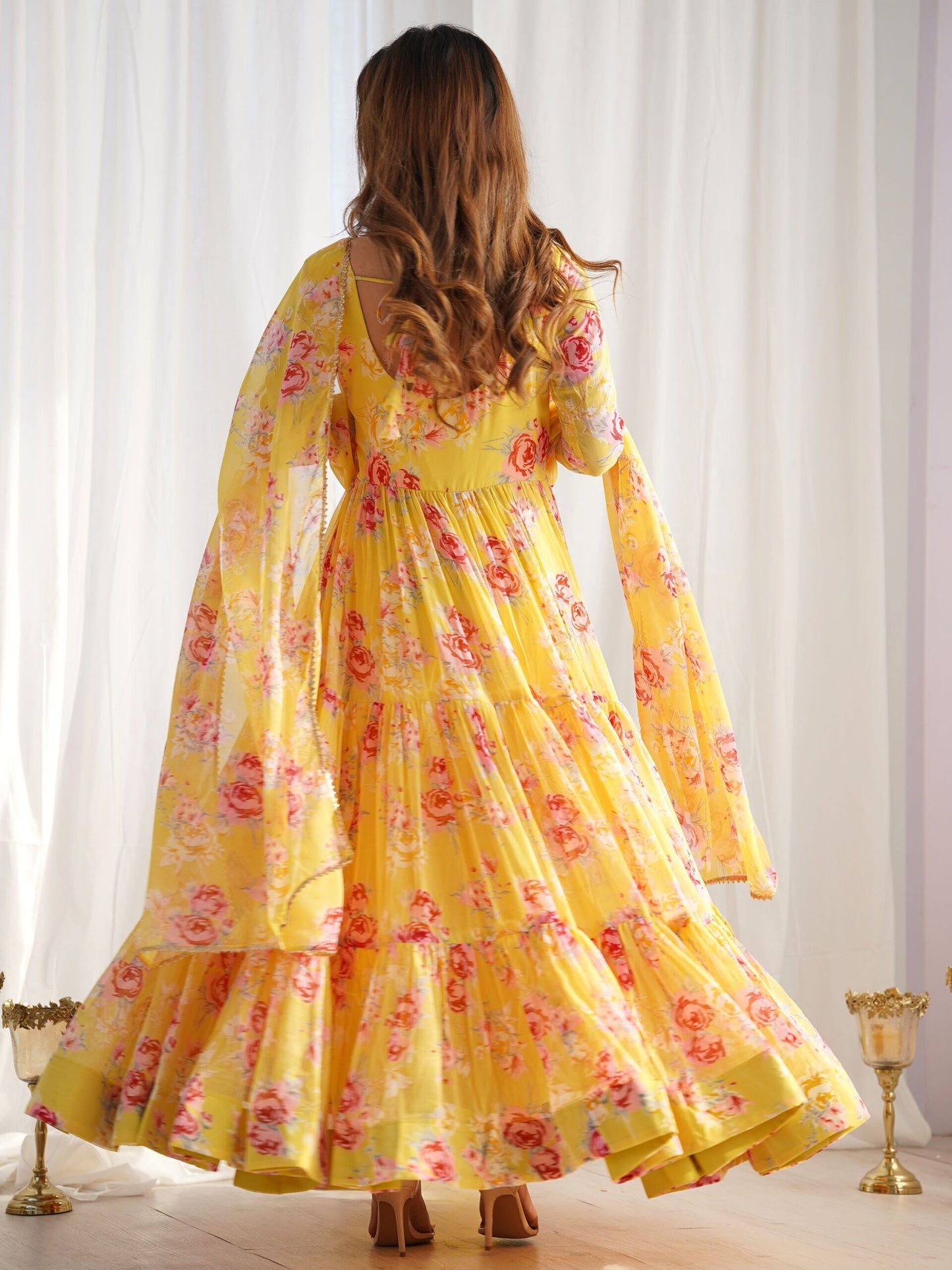 Stunning Yellow Floral Printed Georgette Event Wear Anarkali Suit