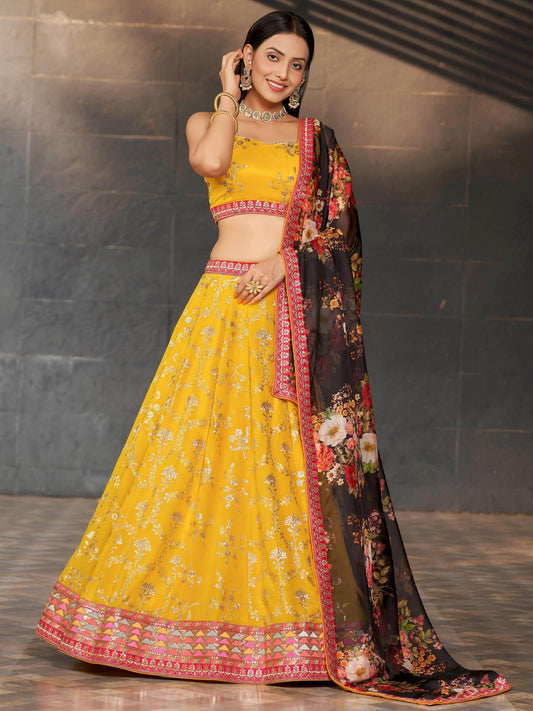 Embellished Sequined Semi-Stitched Lehenga & Unstitched Blouse With Dupatta