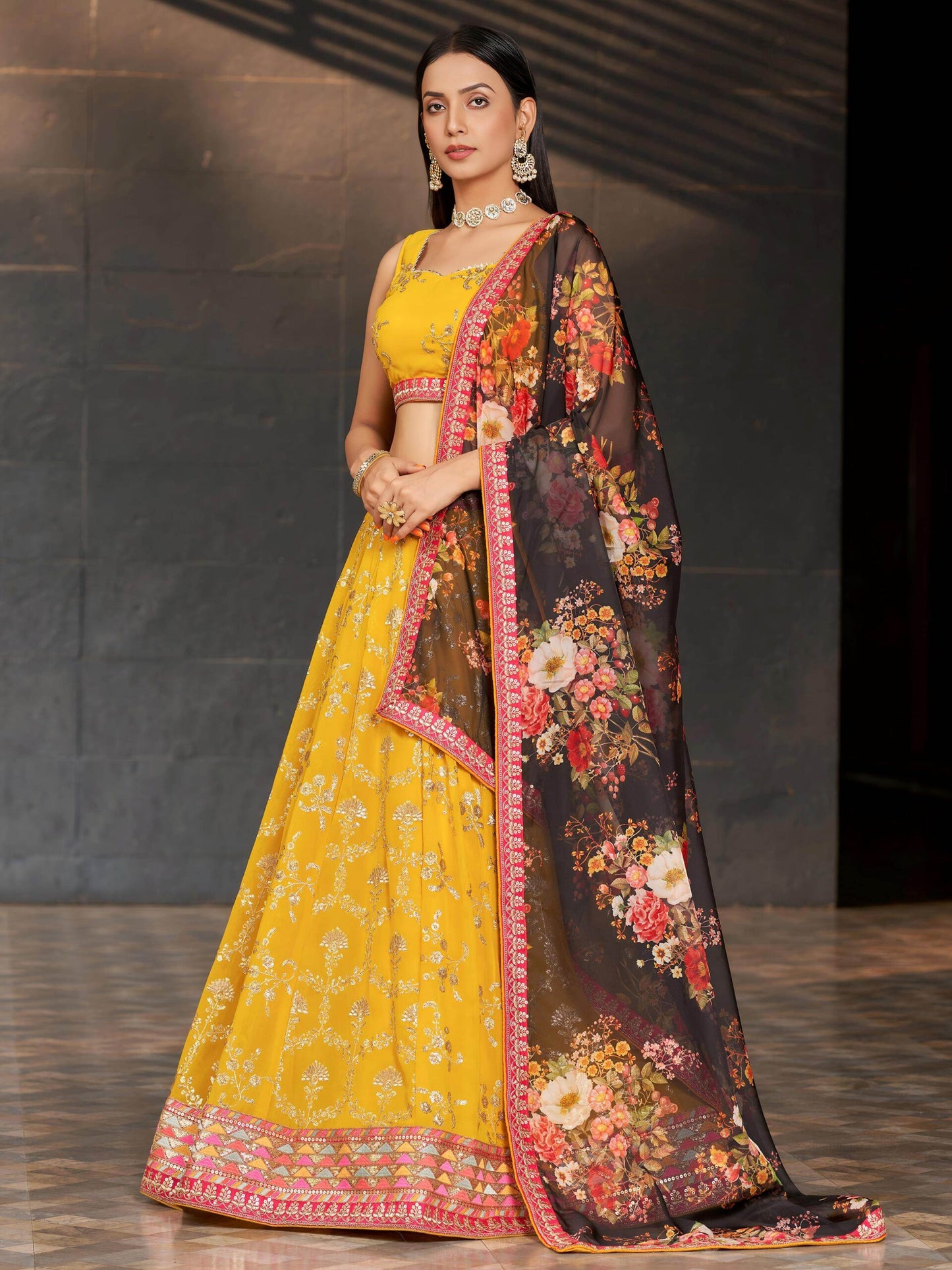 Embellished Sequined Semi-Stitched Lehenga & Unstitched Blouse With Dupatta