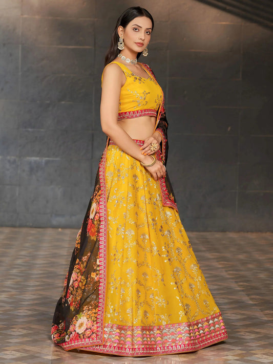 Embellished Sequined Semi-Stitched Lehenga & Unstitched Blouse With Dupatta