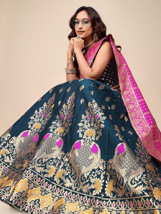 Ready to Wear Lehenga & Unstitched Blouse With Dupatta - Teal & Magenta