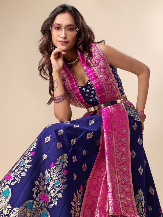 Ready to Wear Lehenga & Unstitched Blouse With Dupatta - Navy & Pink