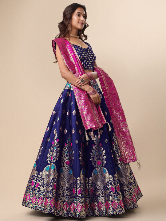 Ready to Wear Lehenga & Unstitched Blouse With Dupatta - Navy & Pink
