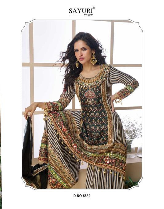 Dark Green Multicolor Heavy Embroidered Kurta Sharara Set with Dupatta