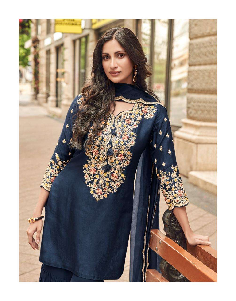 Navy Blue Embroidered Kurta Sharara Suit with Designer Dupatta