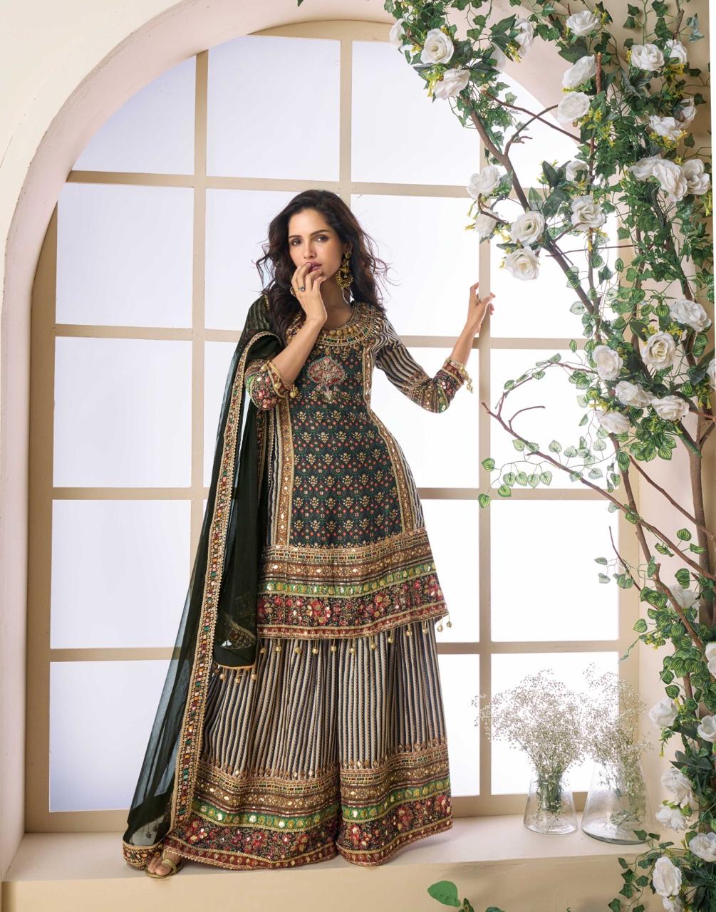 Dark Green Multicolor Heavy Embroidered Kurta Sharara Set with Dupatta