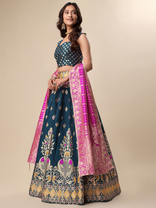 Ready to Wear Lehenga & Unstitched Blouse With Dupatta - Teal & Magenta