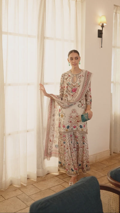 Champagne Gold Printed Crepe Silk Sharara Set