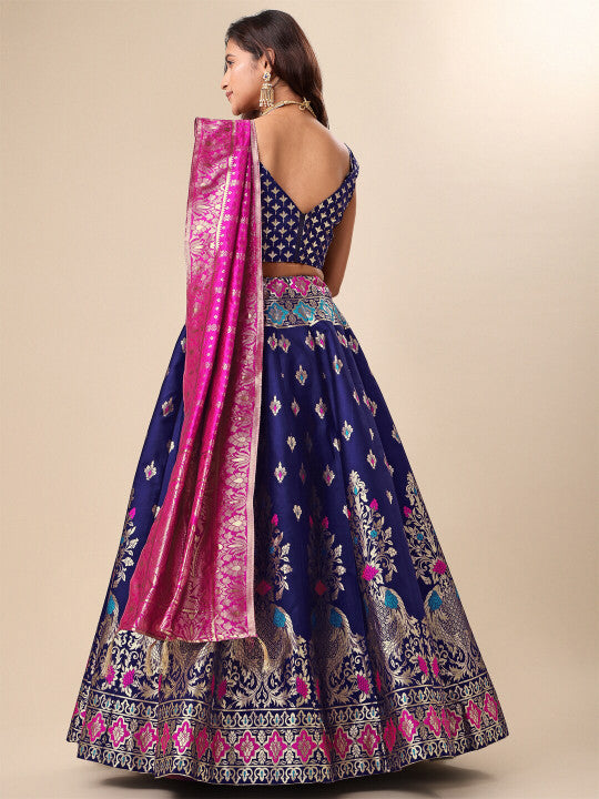 Ready to Wear Lehenga & Unstitched Blouse With Dupatta - Navy & Pink