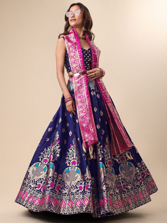 Ready to Wear Lehenga & Unstitched Blouse With Dupatta - Navy & Pink