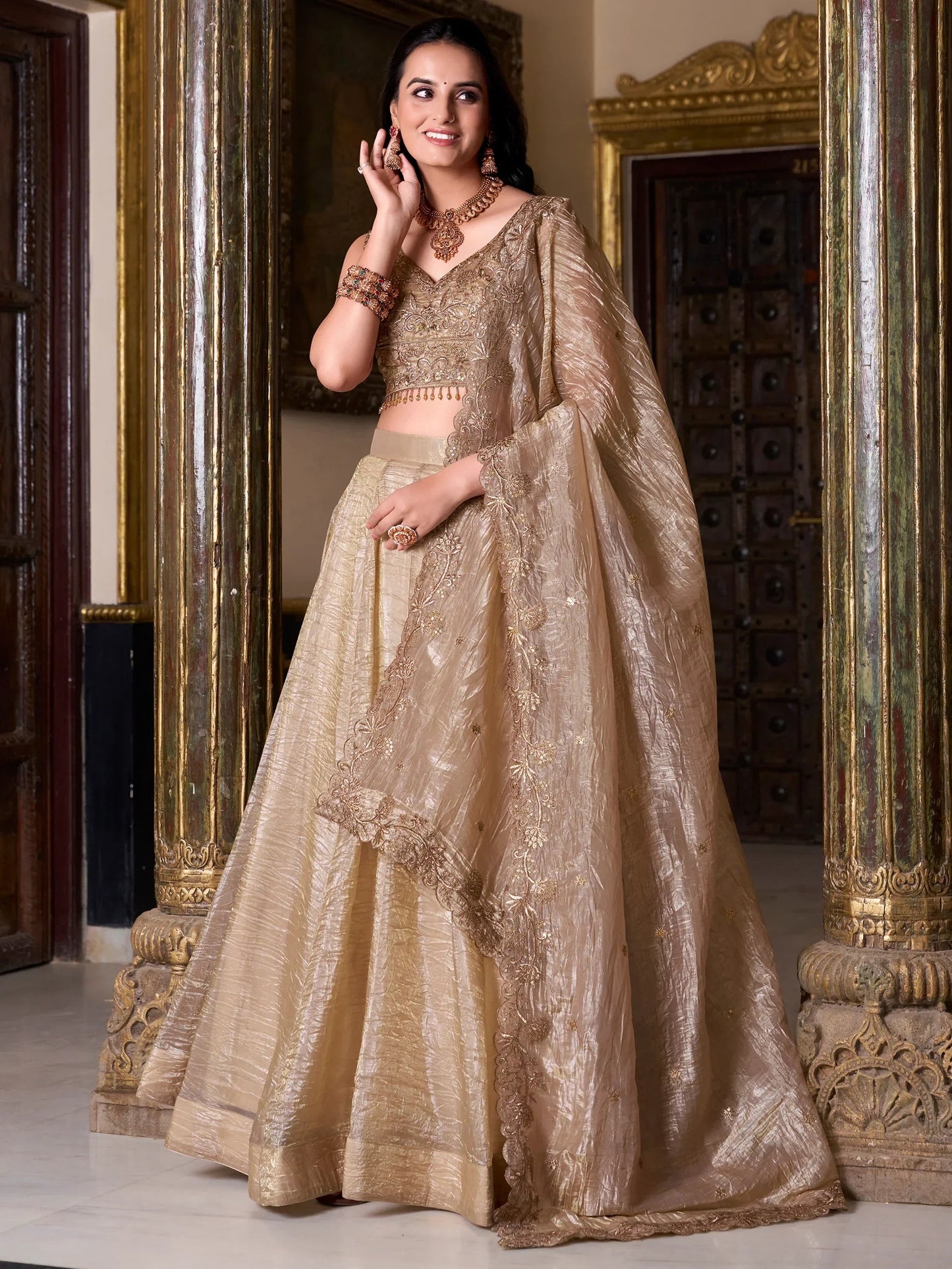 Enchanting Golden Sequins Organza Wedding Lehenga Choli With Dupatta