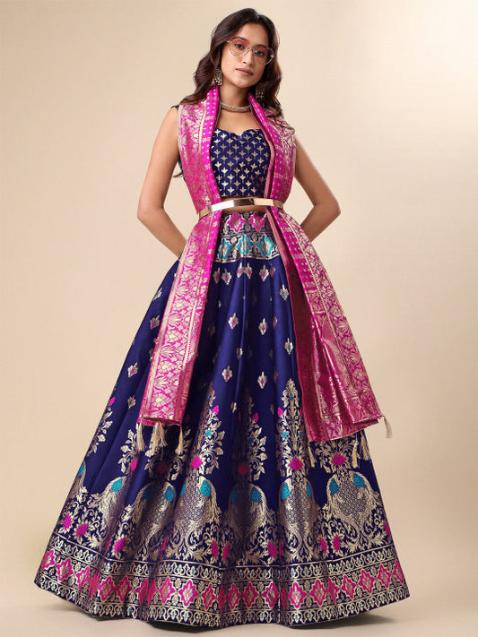 Ready to Wear Lehenga & Unstitched Blouse With Dupatta - Navy & Pink