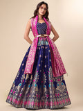 Ready to Wear Lehenga & Unstitched Blouse With Dupatta - Navy & Pink
