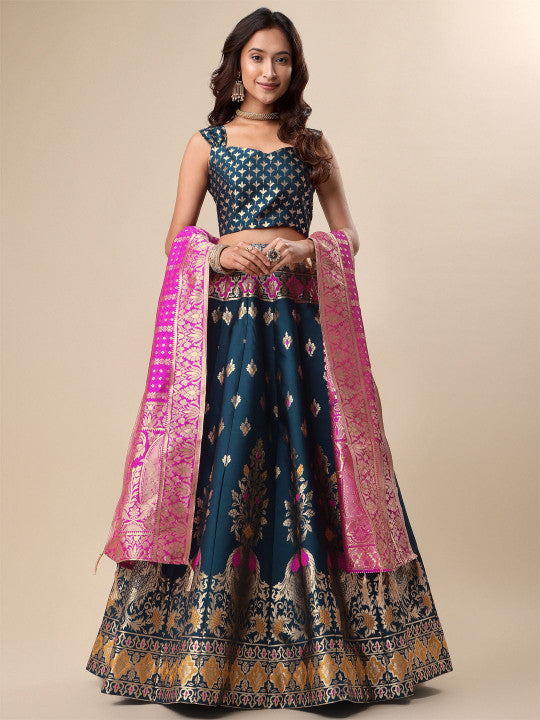 Ready to Wear Lehenga & Unstitched Blouse With Dupatta - Teal & Magenta