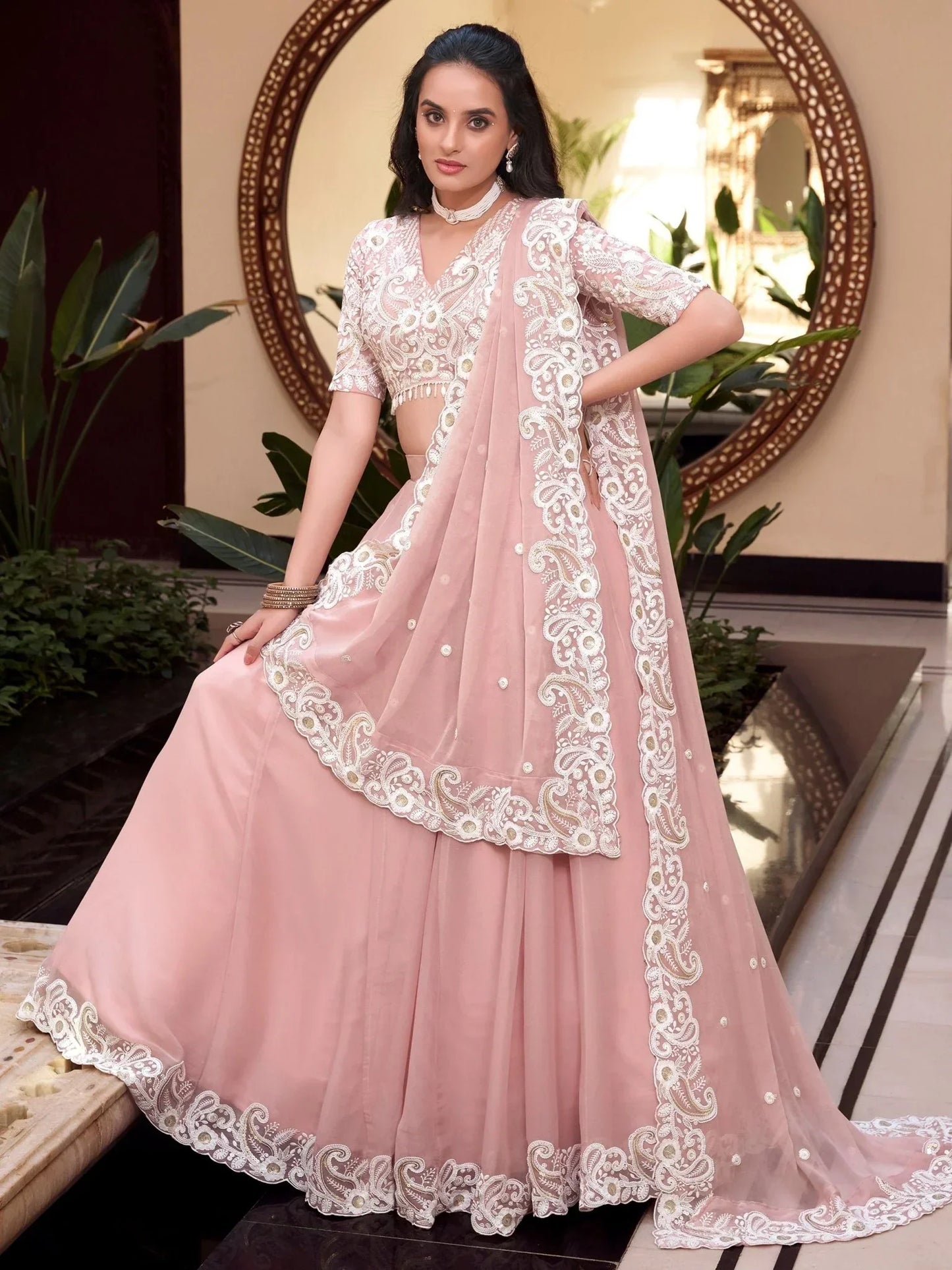 Fascinating Powder Pink Silk Thread Embroidery Bridesmaid Lehenga Choli
