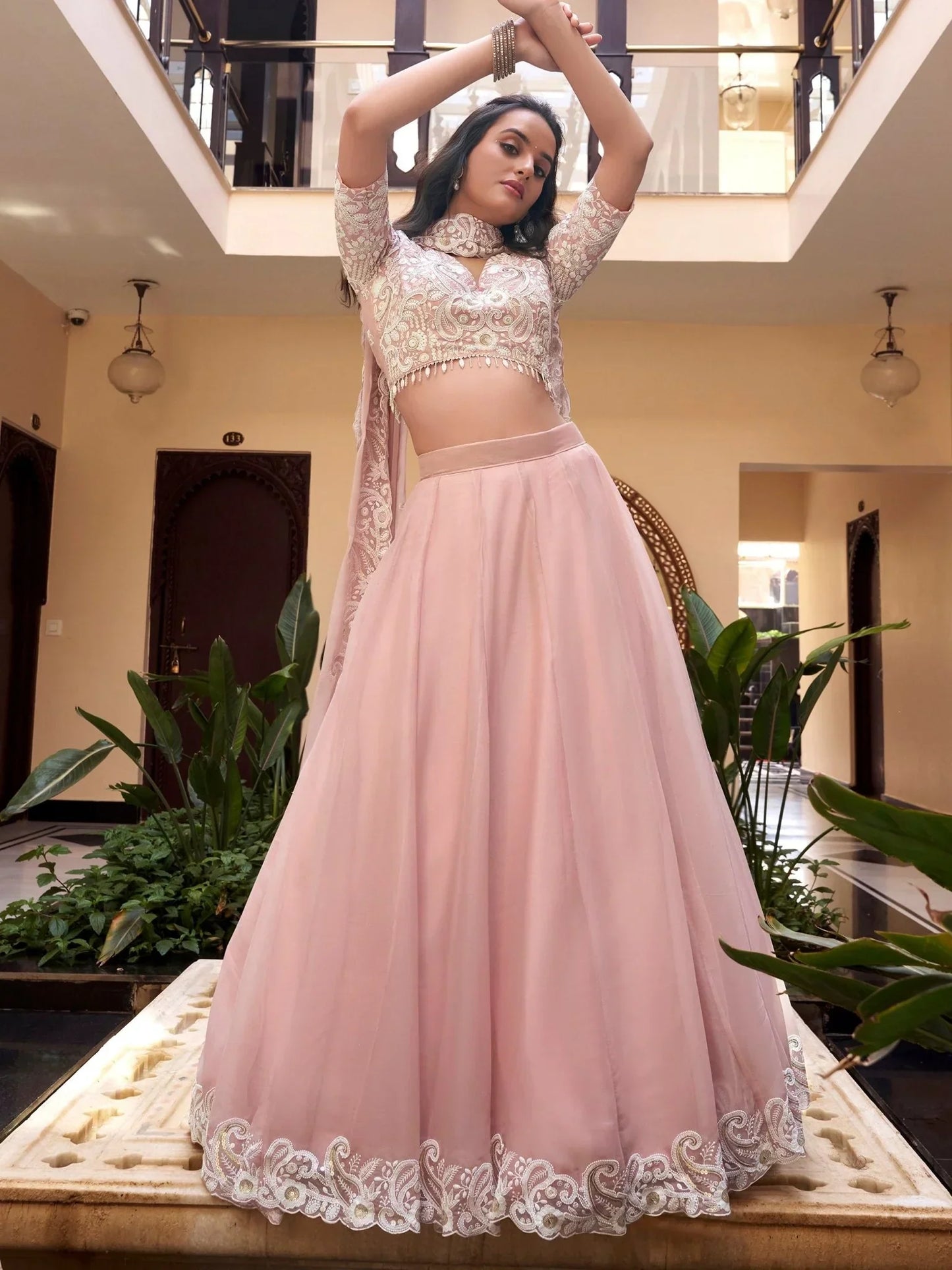 Fascinating Powder Pink Silk Thread Embroidery Bridesmaid Lehenga Choli