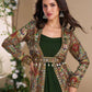 Dark Green Patchwork Printed Jacket Anarkali Set with Ethnic Motifs