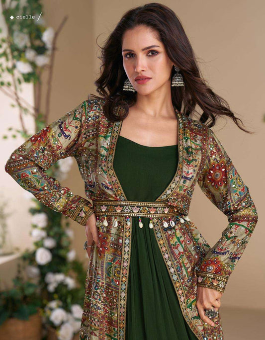 Dark Green Patchwork Printed Jacket Anarkali Set with Ethnic Motifs