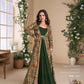 Dark Green Patchwork Printed Jacket Anarkali Set with Ethnic Motifs