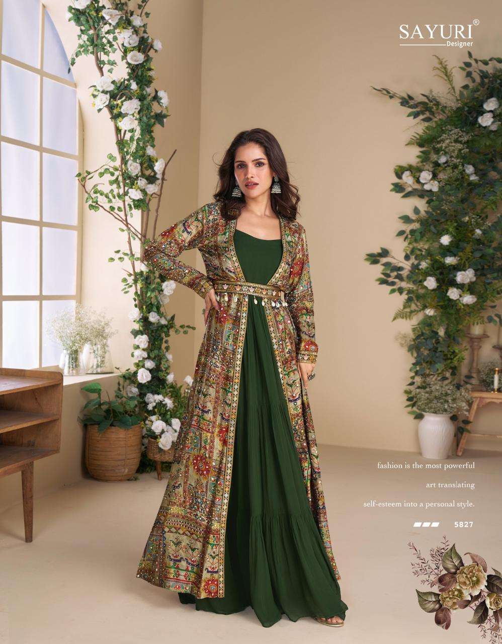 Dark Green Patchwork Printed Jacket Anarkali Set with Ethnic Motifs
