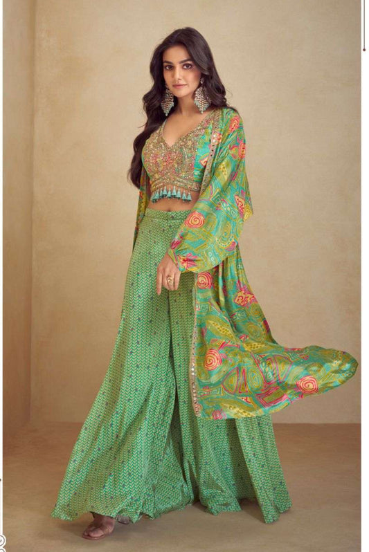 Lush Green Floral Jacket with Palazzo