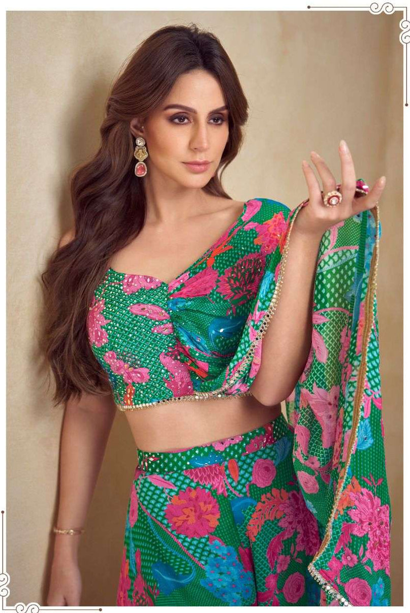 Striking Teal & Pink Floral Lehenga Set