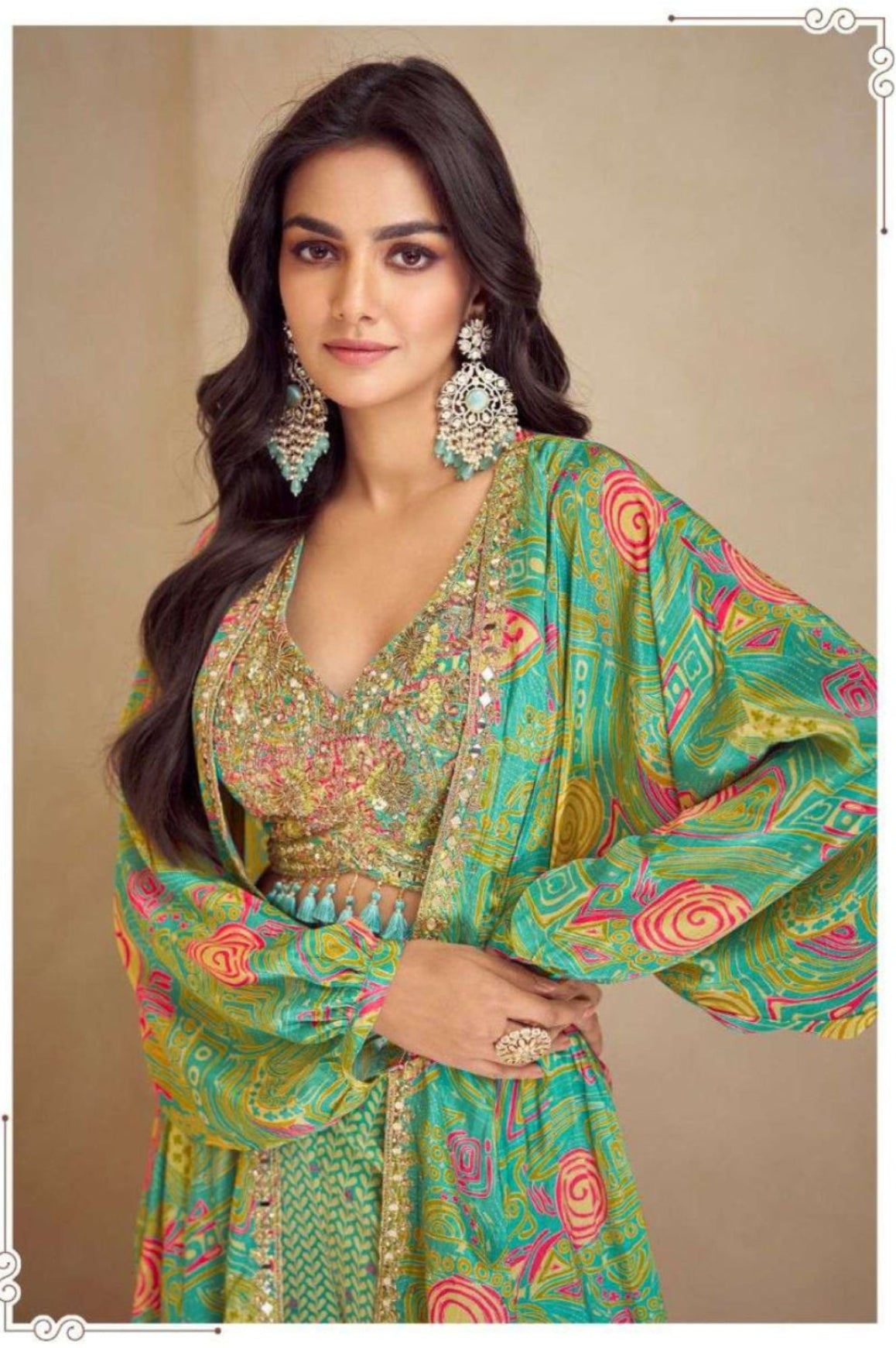 Lush Green Floral Jacket with Palazzo