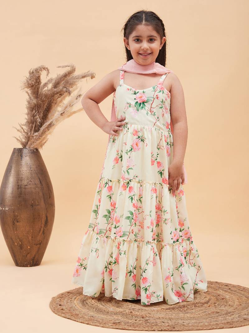 Girl's Yellow Floral Print Anarkali With Pink Dupatta