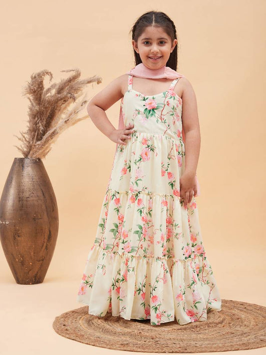 Girl's Yellow Floral Print Anarkali With Pink Dupatta