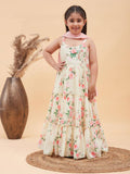 Girl's Yellow Floral Print Anarkali With Pink Dupatta