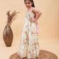 Girl's Yellow Floral Print Anarkali With Pink Dupatta