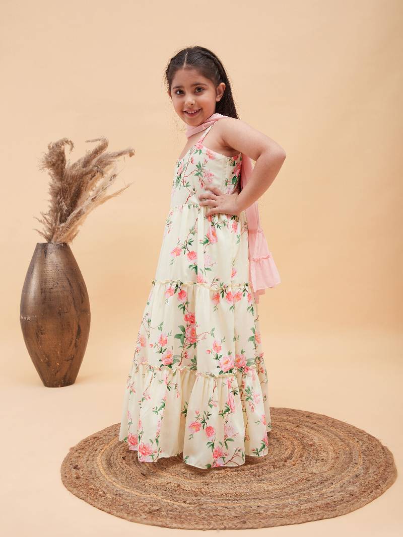 Girl's Yellow Floral Print Anarkali With Pink Dupatta