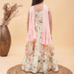 Girl's Yellow Floral Print Anarkali With Pink Dupatta