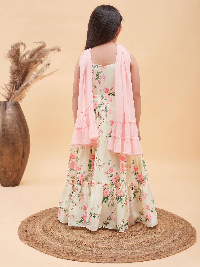 Girl's Yellow Floral Print Anarkali With Pink Dupatta