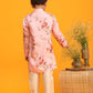 Boy's Pink Floral Printed Angrakha Kurta With Cream Solid Pyjama Set