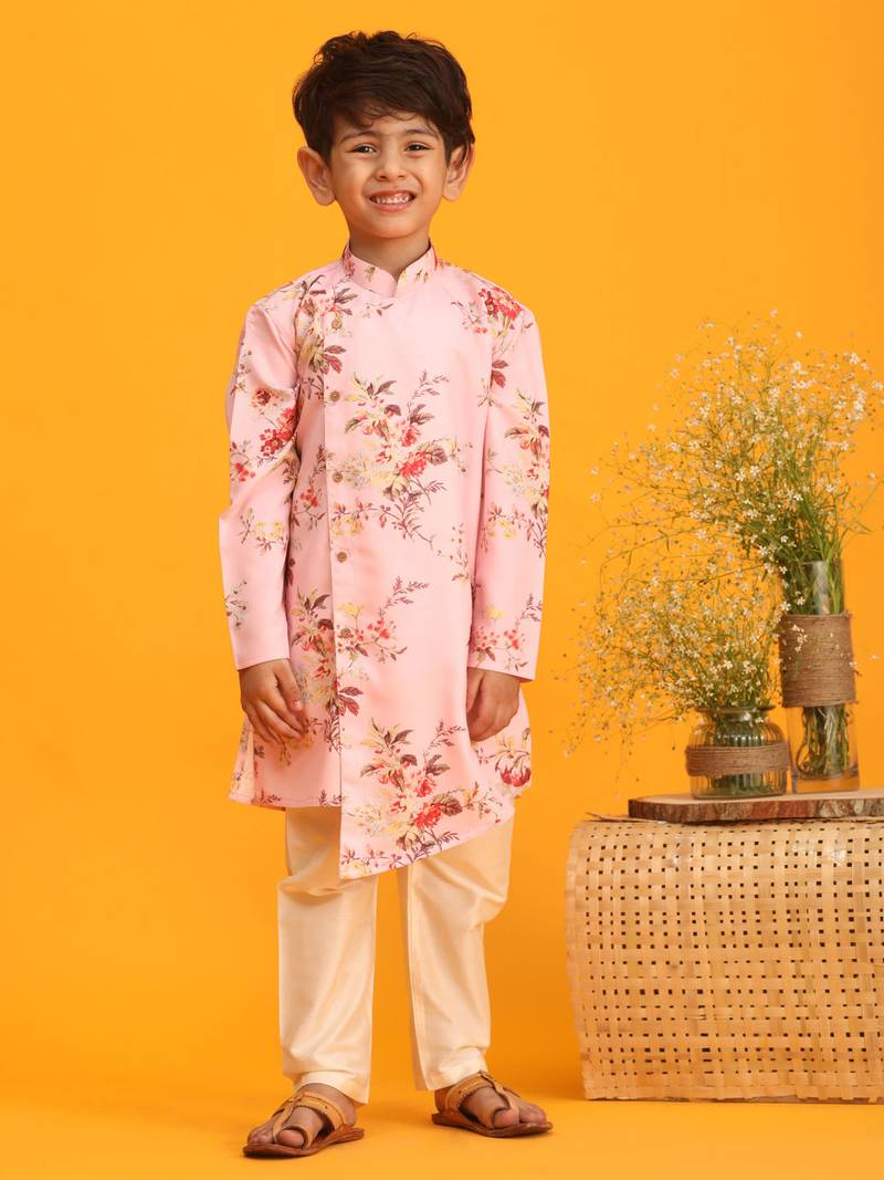 Boy's Pink Floral Printed Angrakha Kurta With Cream Solid Pyjama Set