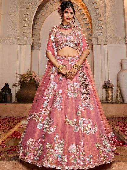 PINK - Net Fabric Sequinse embroidery Semi-Stitched Lehenga choli & Dupatta