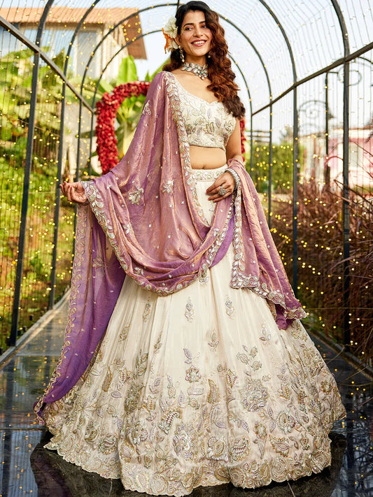 Tissue Fabric with Sequins & Thread Embroidery Semi-Stitched Lehenga Choli & Dupatta - Green/Orange/Purple