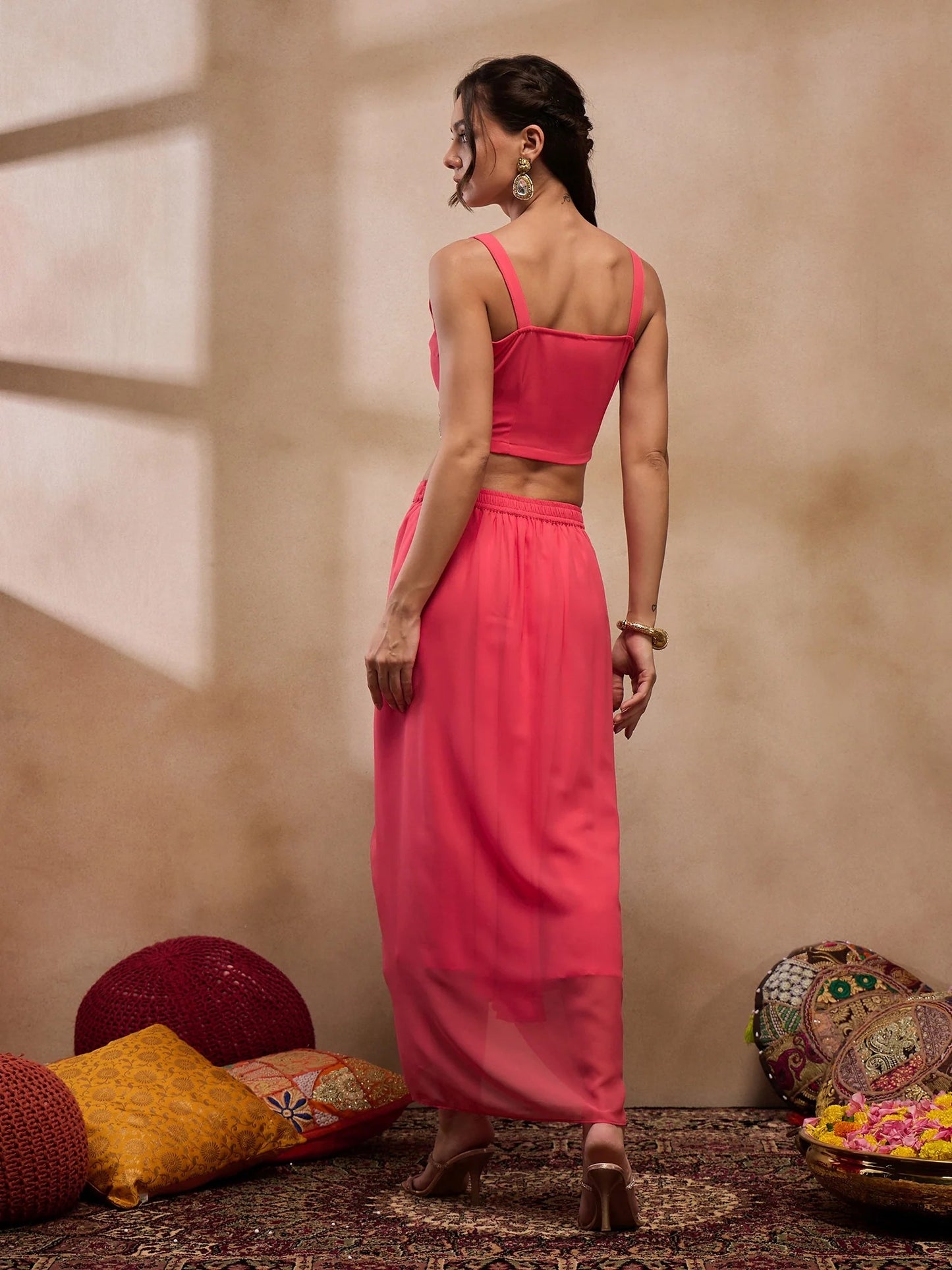 Coral V-Neck Crop Top With Draped Skirt & Cape