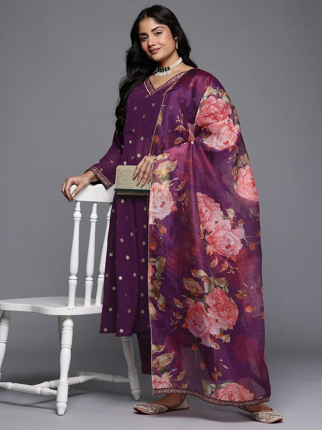 Plus Size Printed Empire Gotta Patti Kurta with Trousers & With Dupatta