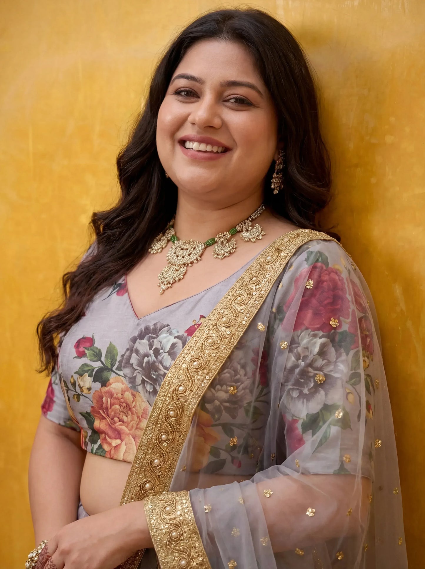 Printed Grey Semi-Stitched Lehenga Unstitched Blouse With Dupatta