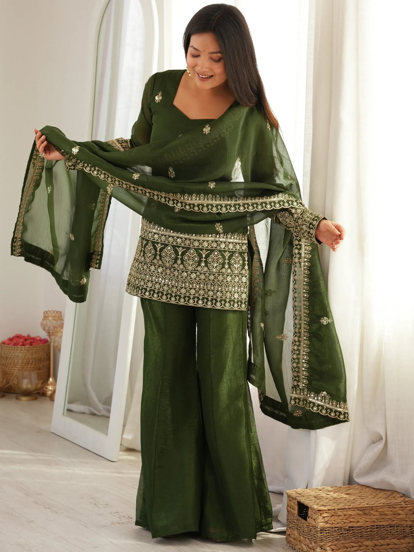 Green Zari Work Silk Mehendi Wear Palazzo Suit