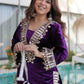 Teal blue and purple velvet mirror work sharara set for women, festive party wear, view 6