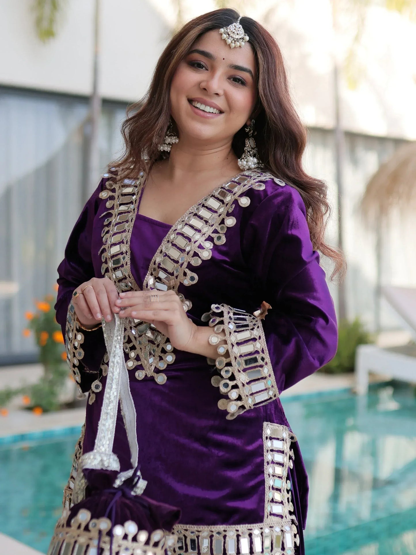 Teal blue and purple velvet mirror work sharara set for women, festive party wear, view 6