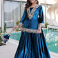 Teal blue and purple velvet mirror work sharara set for women, festive party wear